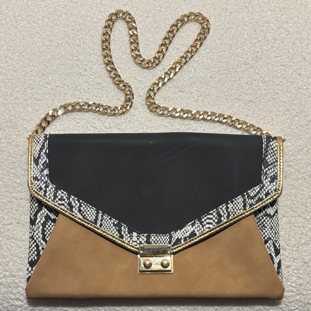 Express Black and Tan Clutch with Gold Chain